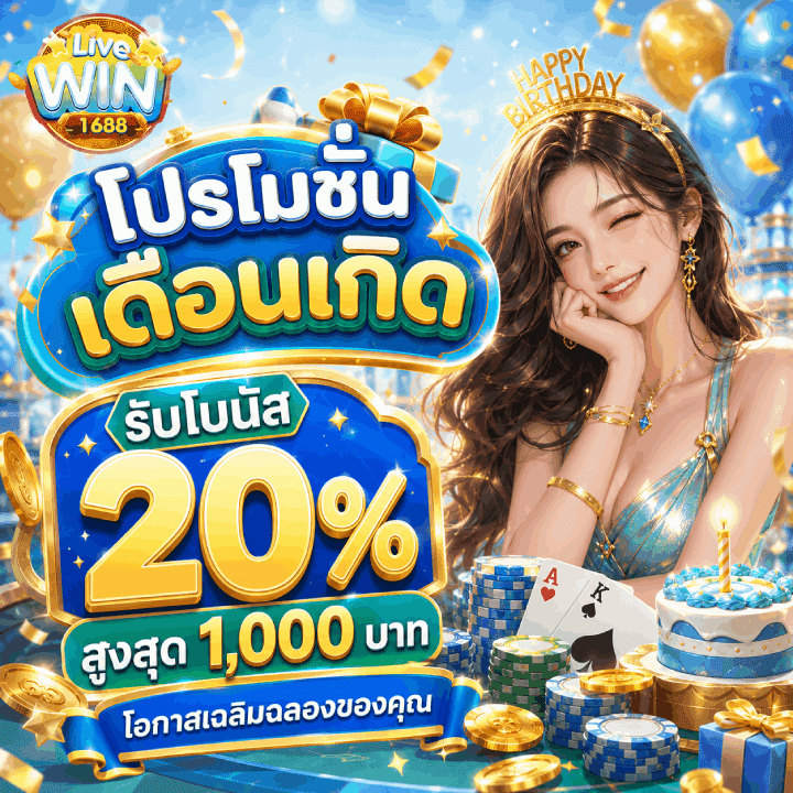 โปรโมชั่นเดือนเกิดรับโบนัส 20% สูงสุด 1,000 บาท